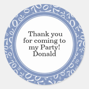 Your Text 70th Random Number Pattern Blue/White Classic Round Sticker