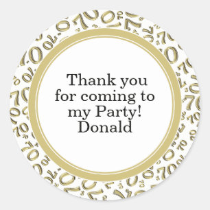 Your Text 70th Random Number Pattern Gold/White Classic Round Sticker