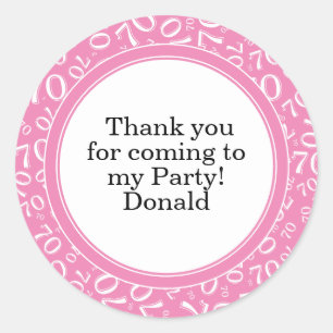 Your Text 70th Random Number Pattern Pink/White Classic Round Sticker