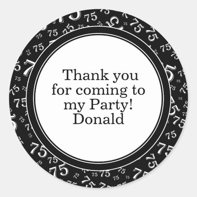  Your Text 75th Random Number Pattern Black/White Classic Round Sticker (Front)