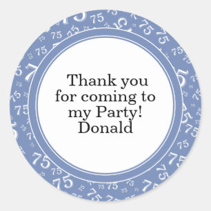 Your Text 75th Random Number Pattern Blue/White Classic Round Sticker