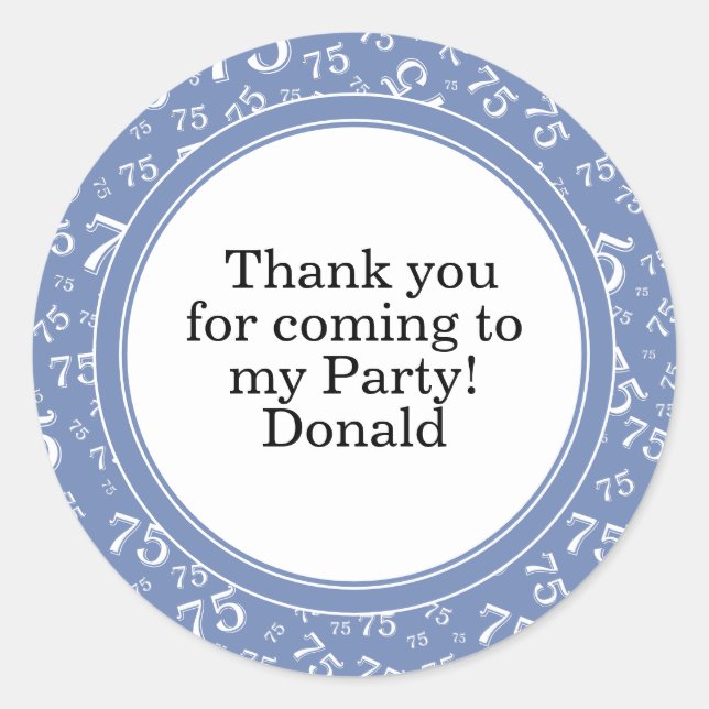 Your Text 75th Random Number Pattern Blue/White Classic Round Sticker (Front)