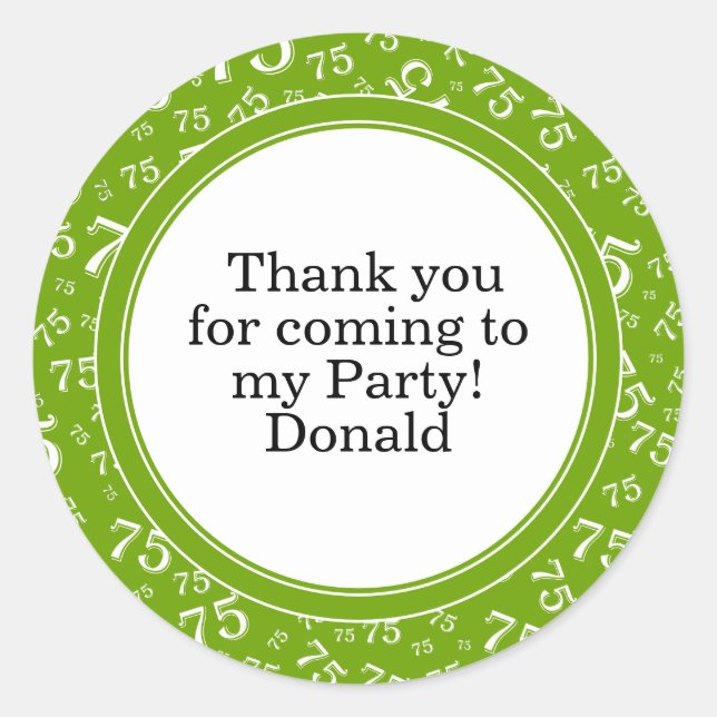  Your Text 75th Random Number Pattern Green/White Classic Round Sticker (Front)