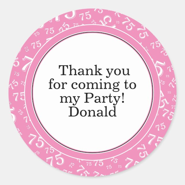  Your Text 75th Random Number Pattern Pink/White Classic Round Sticker (Front)