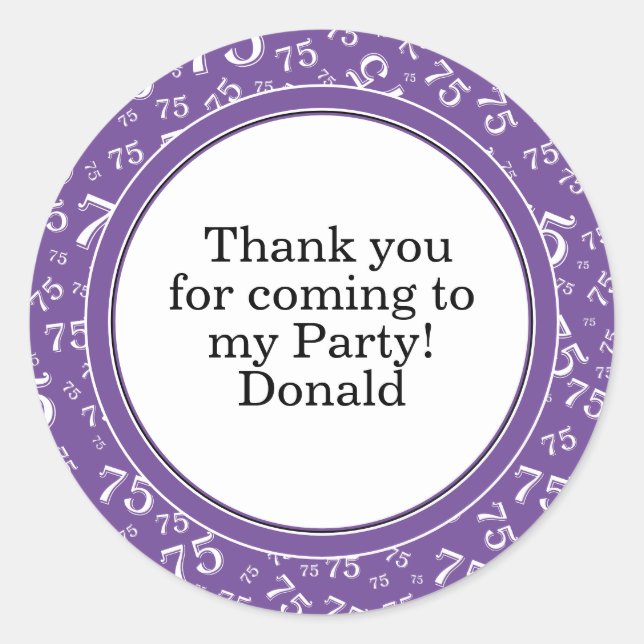  Your Text 75th Random Number Pattern Purple/White Classic Round Sticker (Front)