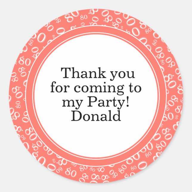  Your Text 80th Random Number Pattern Coral/White Classic Round Sticker (Front)