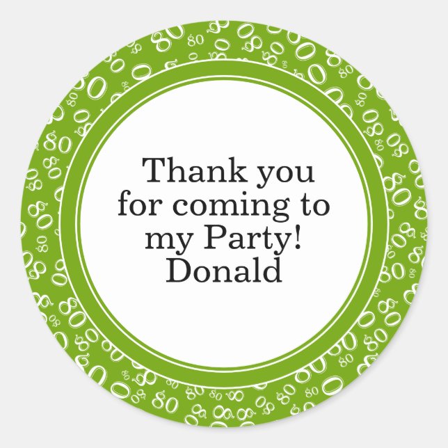 Your Text 80th Random Number Pattern Green/White Classic Round Sticker (Front)