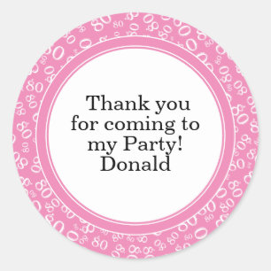 Your Text 80th Random Number Pattern Pink/White Classic Round Sticker