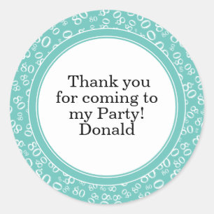 Your Text 80th Random Number Pattern Teal/White Classic Round Sticker