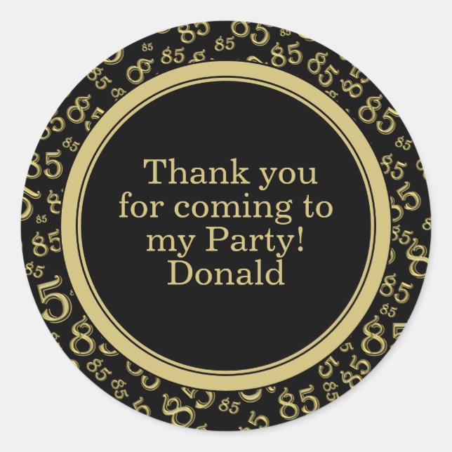  Your Text 85th Random Number Pattern Black/Gold Classic Round Sticker (Front)