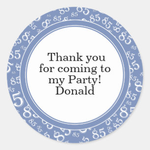 Your Text 85th Random Number Pattern Blue/White Classic Round Sticker