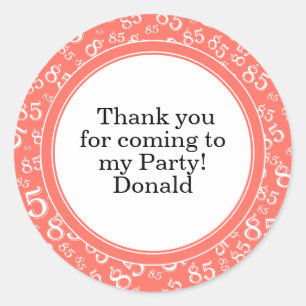 Your Text 85th Random Number Pattern Coral/White Classic Round Sticker