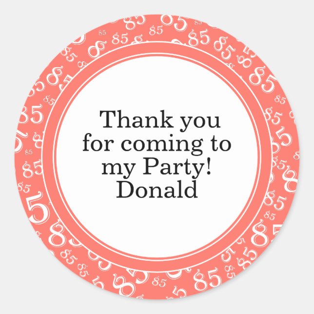  Your Text 85th Random Number Pattern Coral/White Classic Round Sticker (Front)