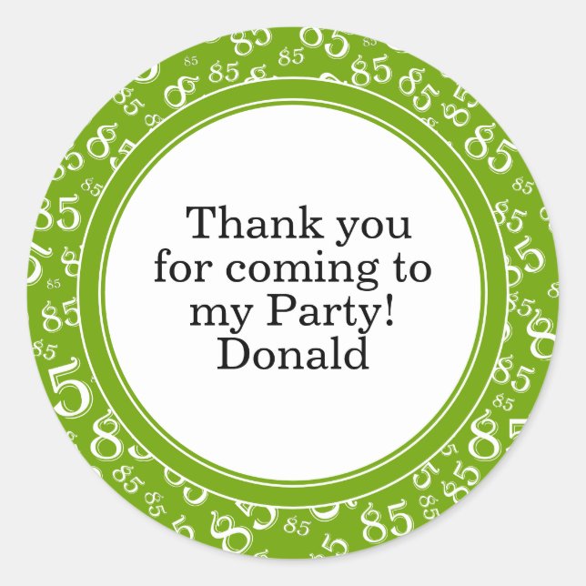  Your Text 85th Random Number Pattern Green/White Classic Round Sticker (Front)