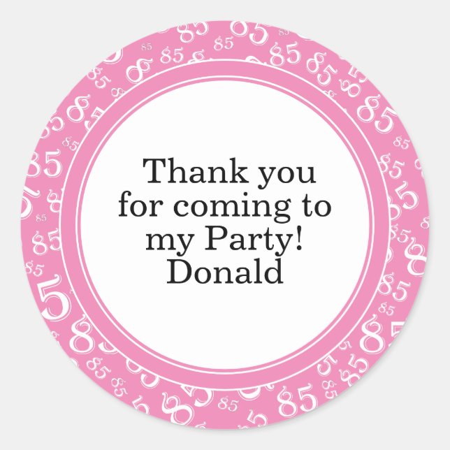  Your Text 85th Random Number Pattern Pink/White Classic Round Sticker (Front)