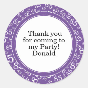 Your Text 85th Random Number Pattern Purple/White Classic Round Sticker