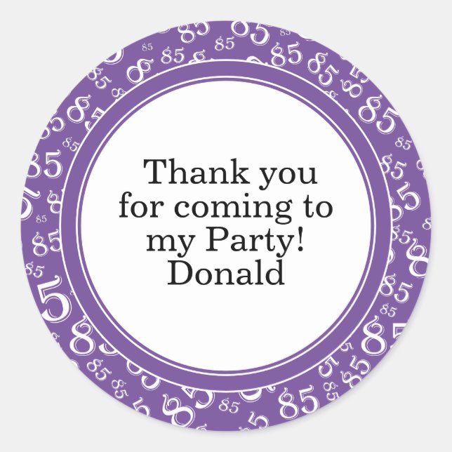  Your Text 85th Random Number Pattern Purple/White Classic Round Sticker (Front)