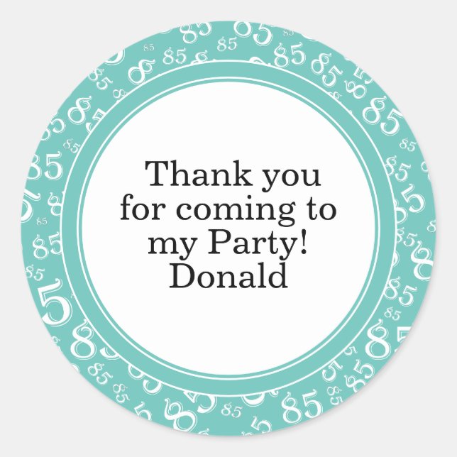  Your Text 85th Random Number Pattern Teal/White Classic Round Sticker (Front)