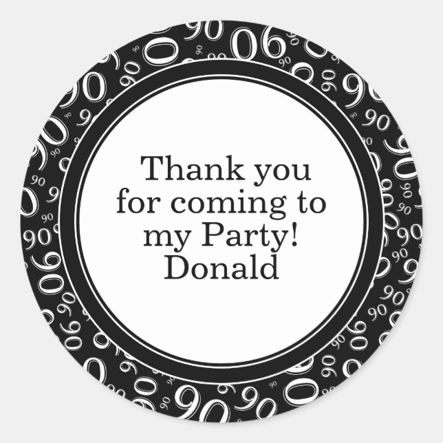  Your Text 90th Random Number Pattern Black/White Classic Round Sticker (Front)