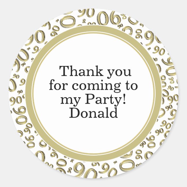  Your Text 90th Random Number Pattern Gold/White Classic Round Sticker (Front)
