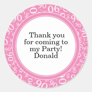 Your Text 90th Random Number Pattern Pink/White Classic Round Sticker