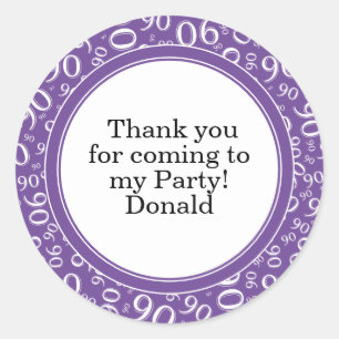 Your Text 90th Random Number Pattern Purple/White Classic Round Sticker
