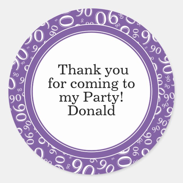  Your Text 90th Random Number Pattern Purple/White Classic Round Sticker (Front)