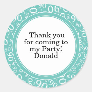 Your Text 90th Random Number Pattern Teal/White Classic Round Sticker