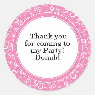Your Text 95th Random Number Pattern Pink/White Classic Round Sticker