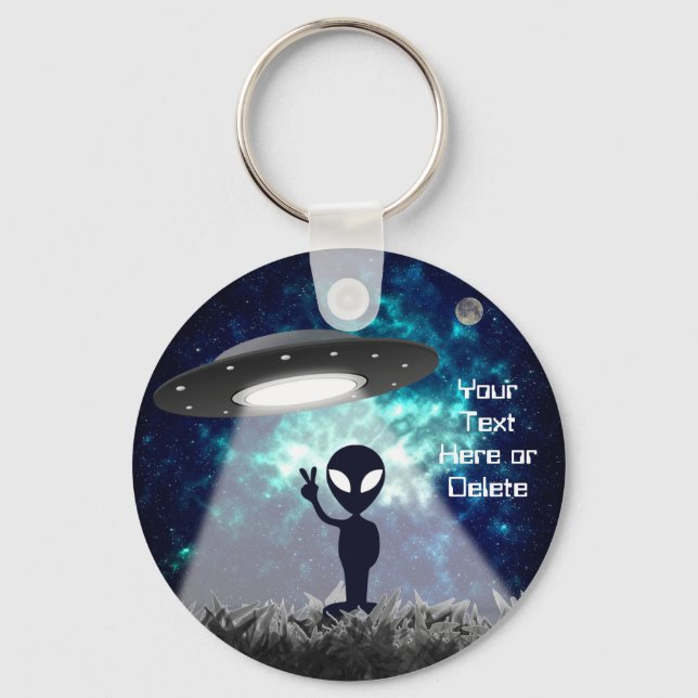 Your Text Alien Peace Sign UFO Planet Blue Galaxy  Key Ring (Front)