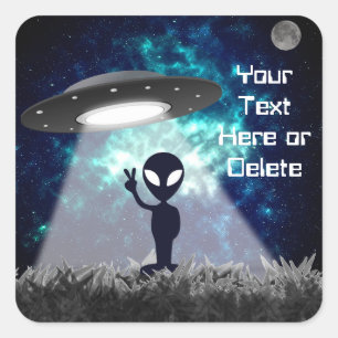 Your Text Alien Peace Sign UFO Planet Blue Galaxy Square Sticker