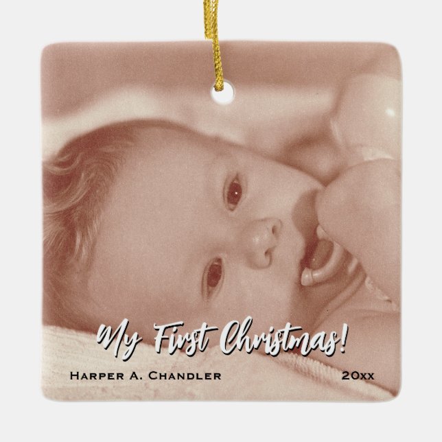 Your Text and Baby Photo My First Christmas Ceramic Ornament (Front)