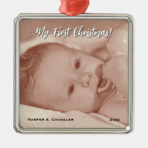 Your Text and Baby Photo My First Christmas Metal Tree Decoration