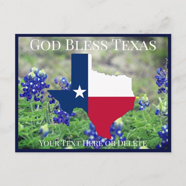 Your Text/Colour God Bless Texas Flag & Bluebonnet Postcard (Front)