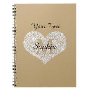 Your Text, Diamond Heart, Gold Monogram, Name Notebook