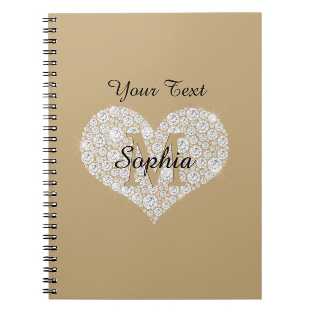 Your Text, Diamond Heart, Gold Monogram, Name Notebook (Front)