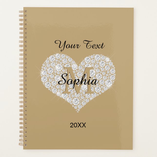 Your Text, Diamond Heart, Gold Monogram, Name Planner (Front)