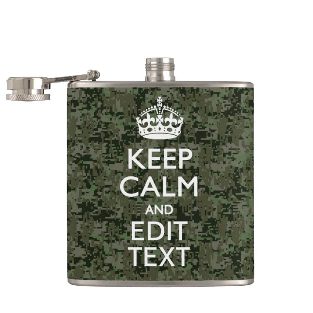 Your Text Digital Camouflage Olive Green Keep Calm Hip Flask (Opened)