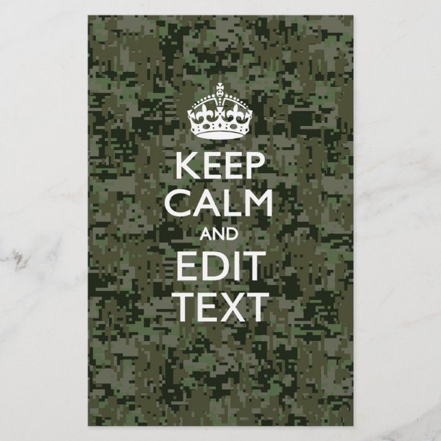 Your Text Digital Camouflage Woodland Keep Calm Stationery (Front)