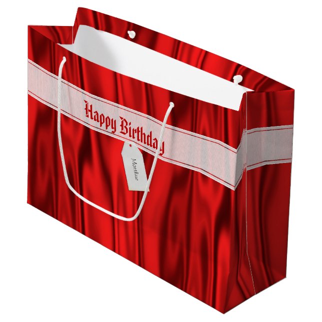 Your Text | Elegant Happy Birthday Red Satin Large Gift Bag (Front Angled)