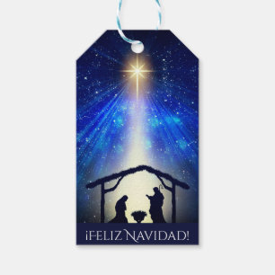 Your Text Feliz Navidad Blue Nativity Christmas Gift Tags