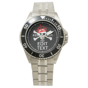 Your Text Keep Calm Red Crown Crossbones Skull Watch
