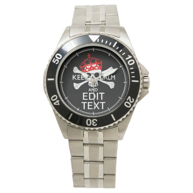Your Text Keep Calm Red Crown Crossbones Skull Watch (Front)
