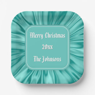 Your text: "Merry Christmas"  Aqua Ruched Satin Paper Plate