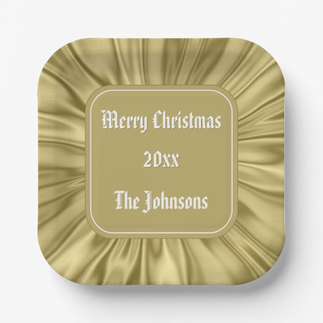 Your text: "Merry Christmas"  Gold Ruched Satin Paper Plate (Front)