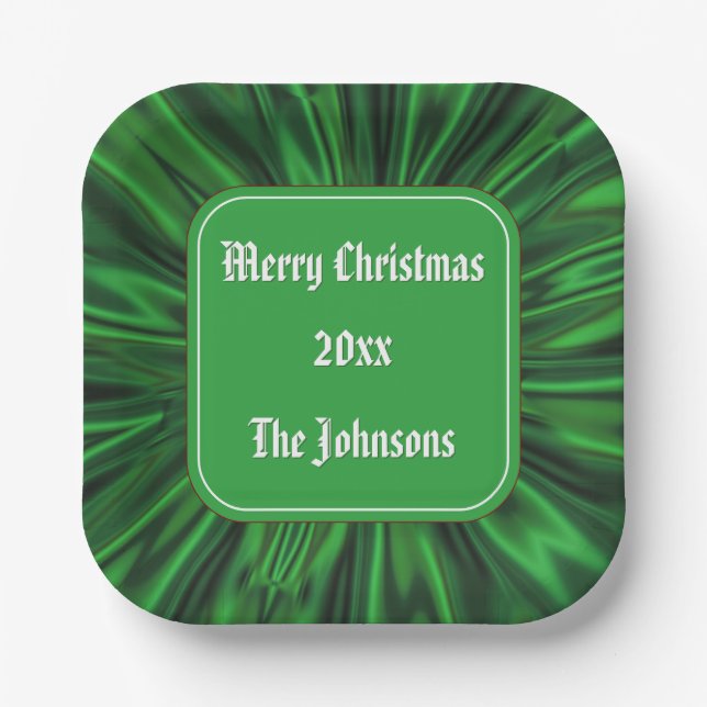 Your text: "Merry Christmas"  Green Ruched Satin Paper Plate (Front)