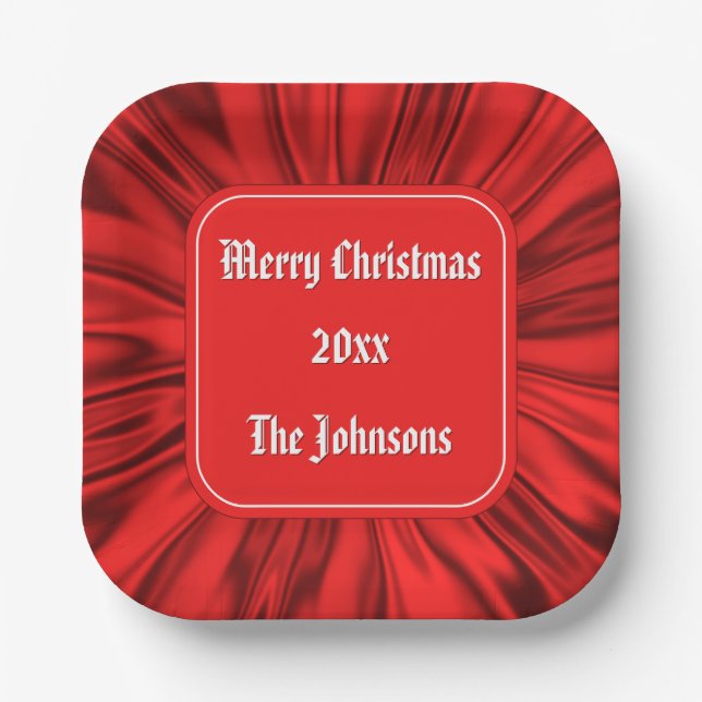 Your text: "Merry Christmas"  Red Graphic Satin Paper Plate (Front)