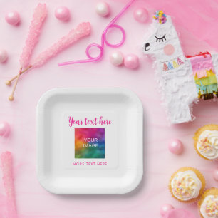 Your Text Name Picture Image Here Pink & White Paper Plate
