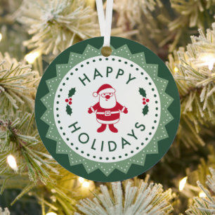 Your Text on Back, Retro Happy Holidays & Santa Metal Tree Decoration