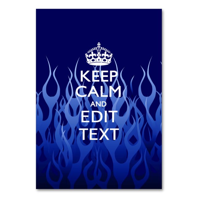 Your Text on Keep Calm on Blue Racing Flames Table Number (Front)